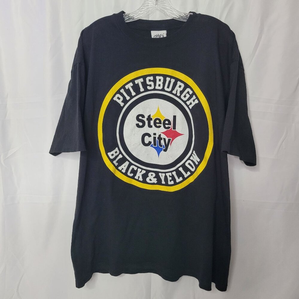 VTG Y2K Pittsburgh Steel City Mens Black Yellow Graphic TShirt Shaka Wear Sz 2XL